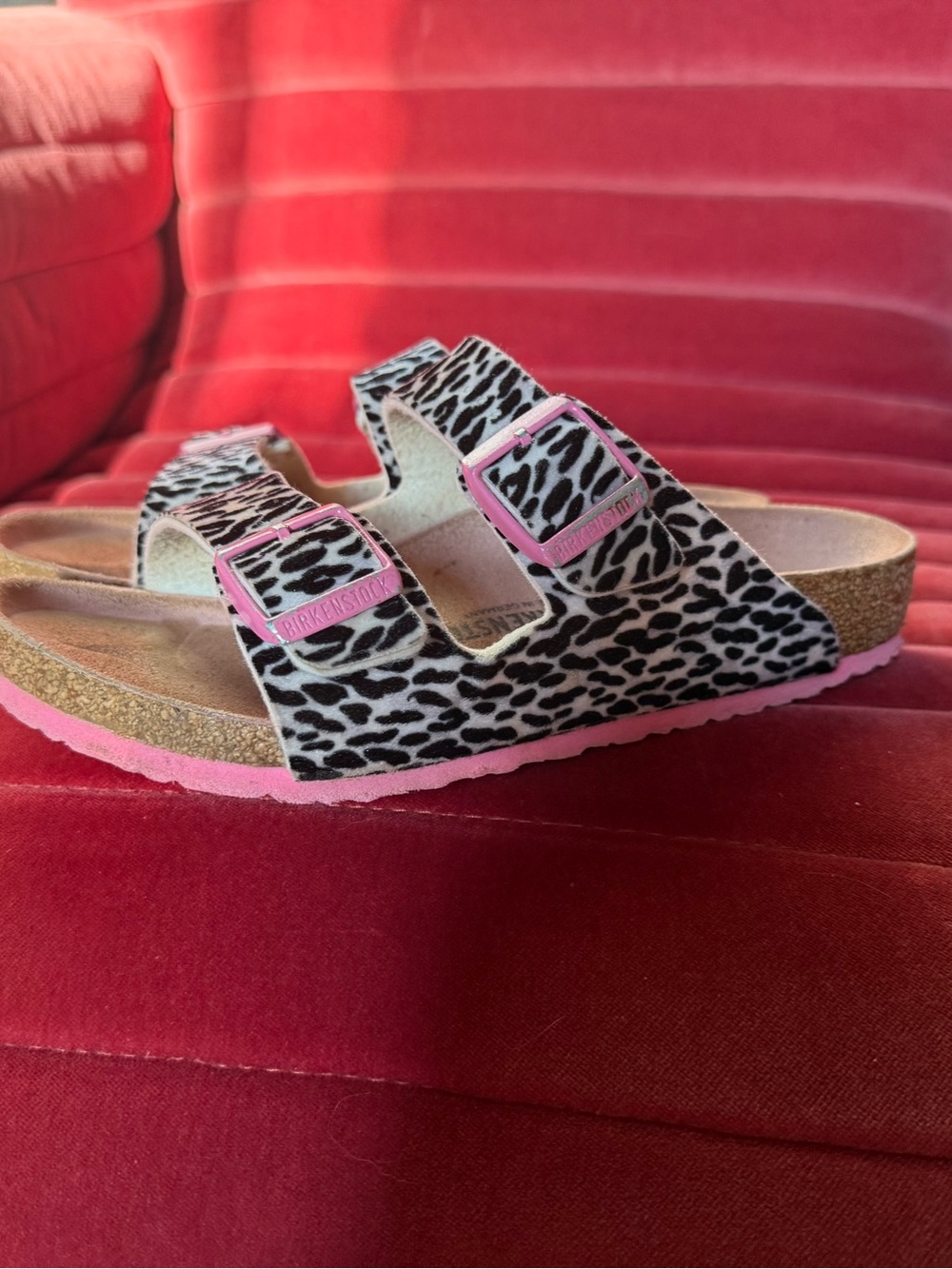 Birkenstock Kids Leopard Print Two-Strap Sandal with Pink Accents